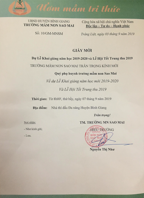 Thư mời: Dự lễ khai giảng năm học mới 2019 - 2020